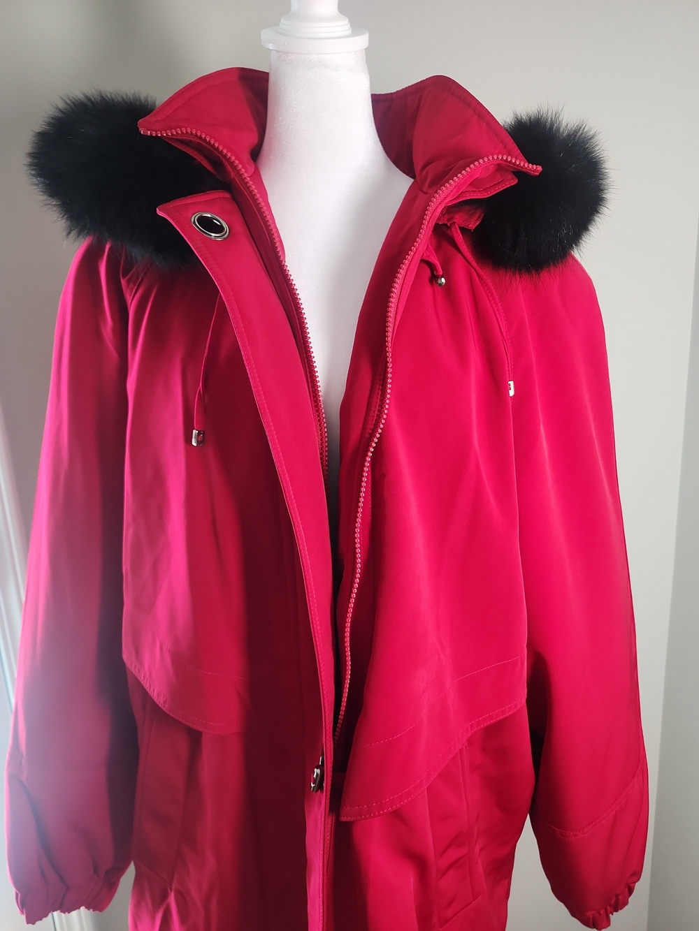 Fleet Street Women's Red Parka Coat with Real Fox Fur Trim Zip Drawsting  Sz XL
